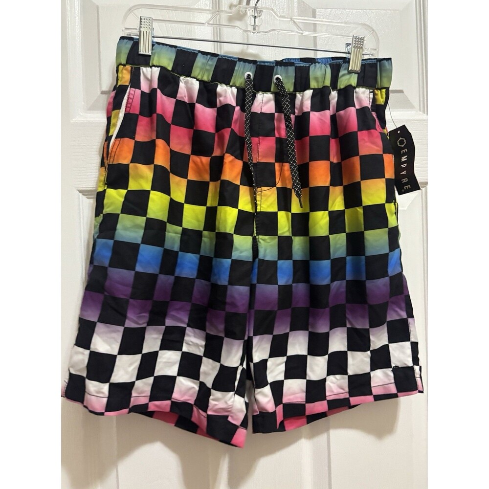 NWT EMPYRE Rainbow Checkerboard Swim Trunks Men's Size Large